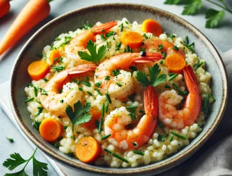 Risotto carottes, crevettes et herbes