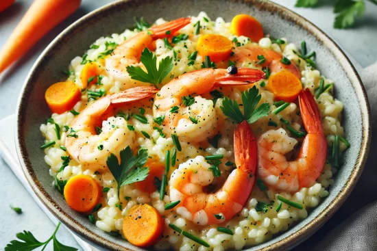 Risotto carottes, crevettes et herbes