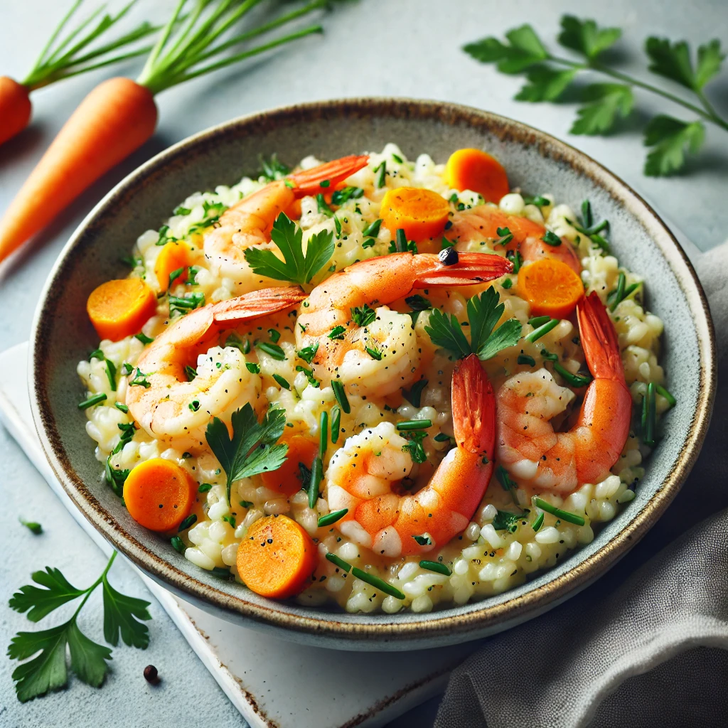 Risotto carottes, crevettes et herbes