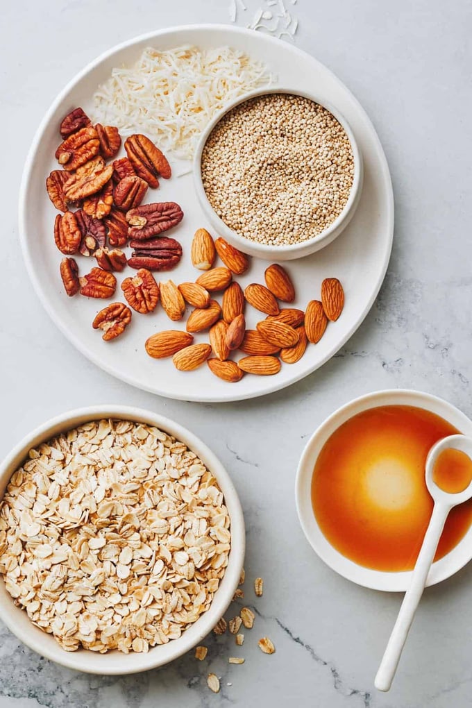 Les ingrédients de la recette de Granola au Quinoa et Sirop d'Érable