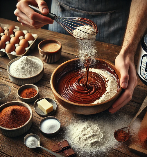 étape d'incorporation des ingrédients secs pour le gâteau au chocolat